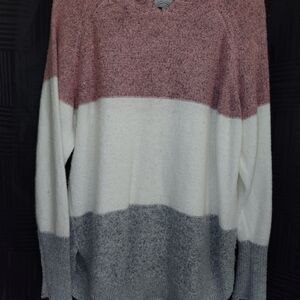 Elegant Women's V-Neck Sweater - Pink, White, and Gray